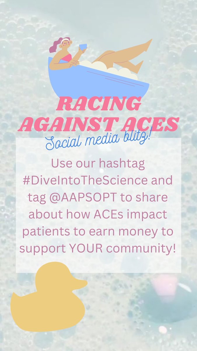 AAPSOPT's tweet photo. Feb 9th is National Read in the Bath Day, and itโs a great day to spread ACEs awareness!
Use hashtag #DiveIntoTheScience and tag us to share about the impact of ACEs
Even better? Engaging w/ our advocacy campaign earns points towards funding YOUR community!
#RacingAgainstAces https://t.co/f8h3ExFbpo