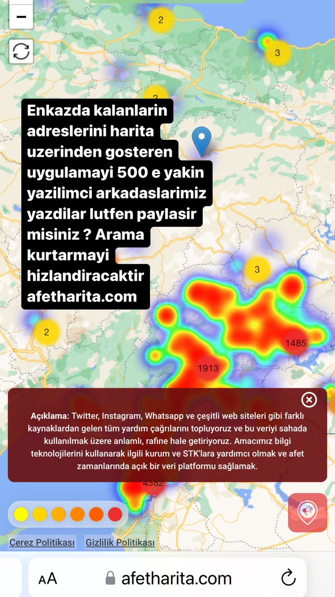 Enkazda kalanlarin adreslerini harita uzerinden gosteren uygulamayi 500 e yakin yazilimci arkadaslarimiz yazdilar lutfen paylasir misiniz ? Arama kurtarmayi hizlandiracaktir
afetharita.com 
#deprem #yardım