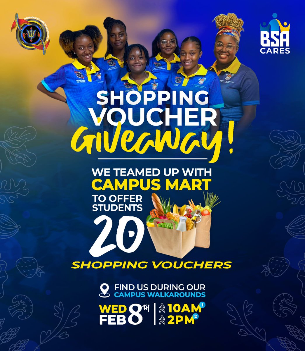 GIVEAWAYYYYY!!!!

The Barbados Students Association has OFFICIALLY lauched our BSA CARES program, and to kick things off with a bang, we have teamed up with your beloved Campus Mart, to give away 2️⃣0️⃣🤯....Yes TWENTY SHOPPING VOUCHERS💰🏷‼️

Look out for us on campus Today📍