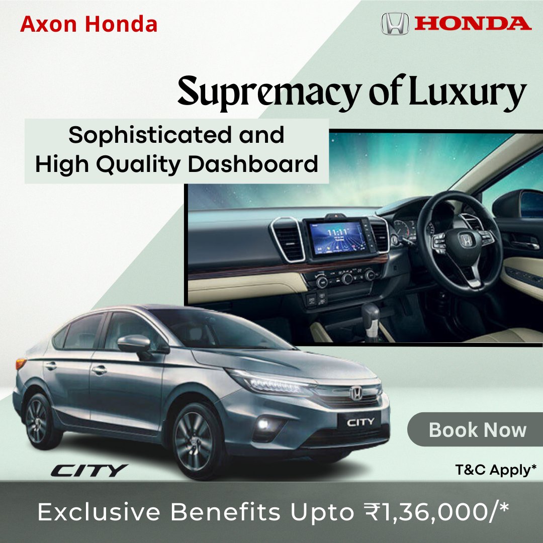 Ride in style with The Honda City's 'Supremacy of Luxury.' Experience the perfect balance of comfort, class and technology. Book now with Axon Honda
#AxonHonda #HondaCity #InnovativeDriving #honda #hondacars #hondaindia #hondacarsindia #25yearsofhondacity #supremacy