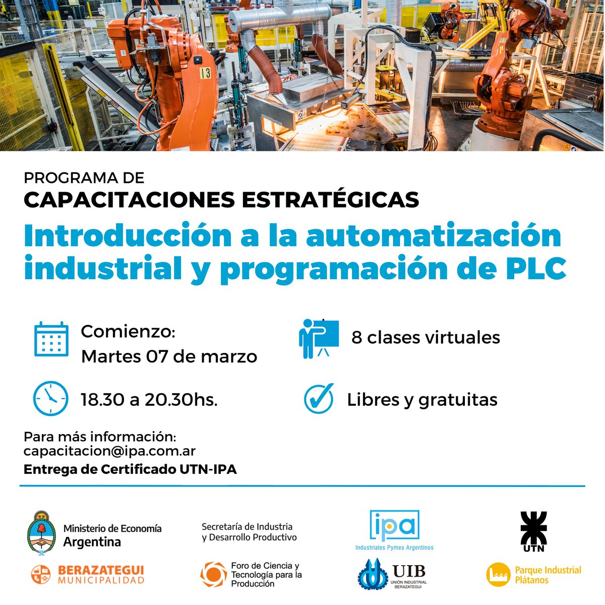 IPAPYMES's tweet photo. 👩🏽‍💻 Introducción a la automatización industrial y programación de PLC

📃Entrega de Certificado UTN-IPA.

▶ Formulario de inscripción: https://t.co/0OHXs5WSWN

CUPOS LIMITADOS‼️
@produccion_arg @dmvasco @tomascanosa 
#cursosgratuitos #capacitaciones #pyme https://t.co/UNufV8R5bZ