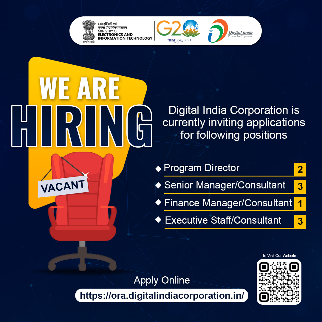 DigitalIndiaCrp's tweet photo. #VacancyCircular | Digital India Corporation is currently inviting applications for various #positions on Contract / Consolidated basis.
For further details, click here: https://t.co/xijv5R5y2O
Apply Online: https://t.co/pAZ3xo3rlV https://t.co/yTLShOjXTD
