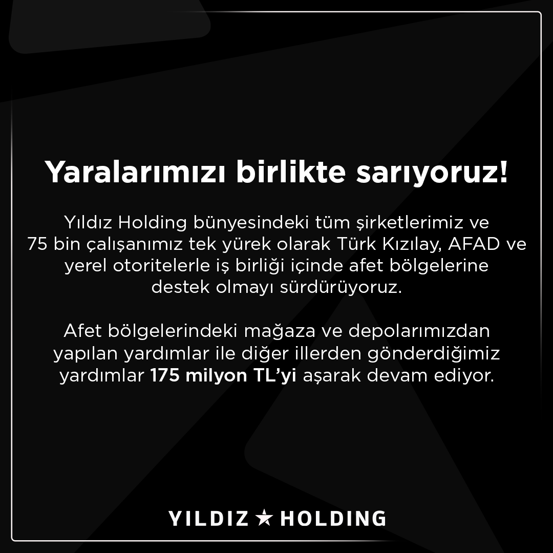 Yaralarımızı birlikte sarıyoruz!

Yıldız Holding bünyesindeki tüm şirketlerimiz ve 75 bin çalışanımız tek yürek olarak Türk Kızılay, AFAD ve yerel otoritelerle iş birliği içinde afet bölgelerine destek olmayı sürdürüyoruz.