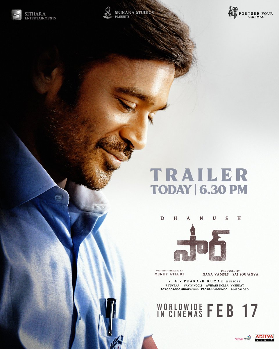 SitharaEnts's tweet photo. A small delay but the wait will be worth it! 🤩

Get ready, the most awaited #Vaathi / #SIRMovie Trailer is set to drop at 06:30 PM today! Don't miss out 🎬🤩

@dhanushkraja #VenkyAtluri @iamsamyuktha_ @gvprakash @dopyuvraj @NavinNooli @vamsi84 #SaiSoujanya @adityamusic https://t.co/xMTopAxmd5