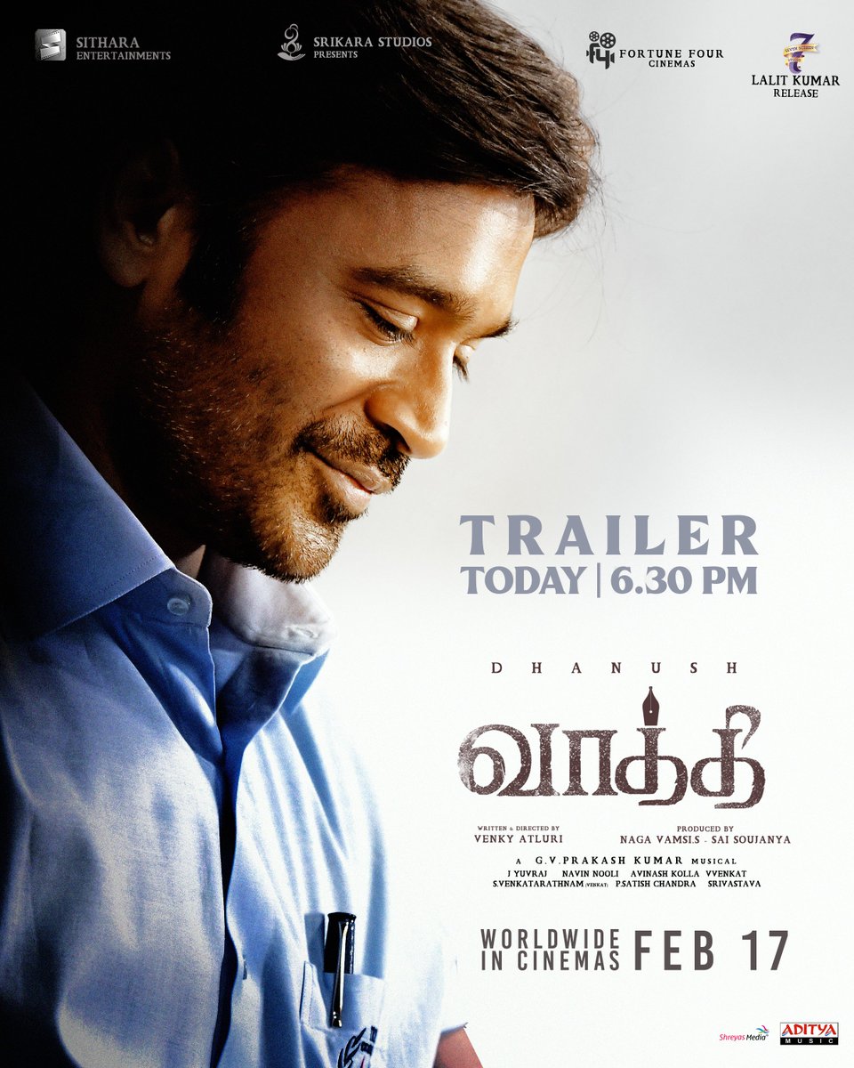 SitharaEnts's tweet photo. A small delay but the wait will be worth it! 🤩

Get ready, the most awaited #Vaathi / #SIRMovie Trailer is set to drop at 06:30 PM today! Don't miss out 🎬🤩

@dhanushkraja #VenkyAtluri @iamsamyuktha_ @gvprakash @dopyuvraj @NavinNooli @vamsi84 #SaiSoujanya @adityamusic https://t.co/xMTopAxmd5