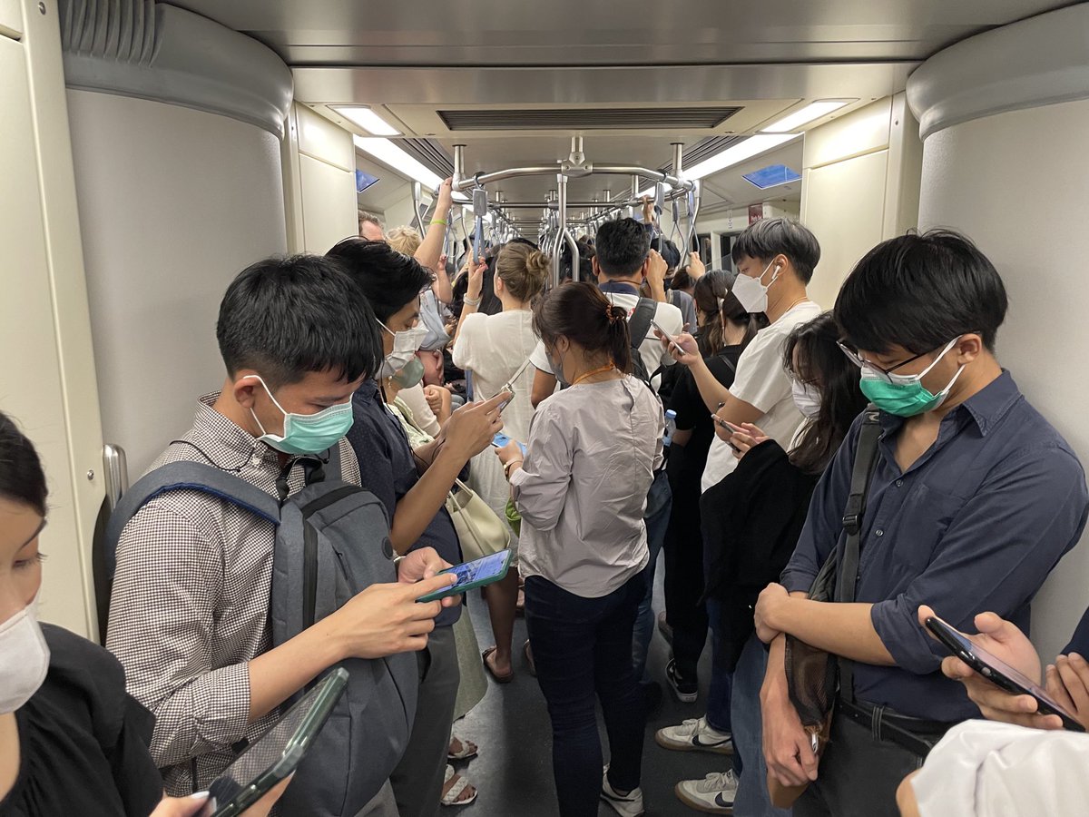 sainsburychina's tweet photo. Strayans generally think they are smarter than our Asian neighbours but Bangkok peak hour is mask city. #pandemicnotover https://t.co/7Wl0LeU4B1