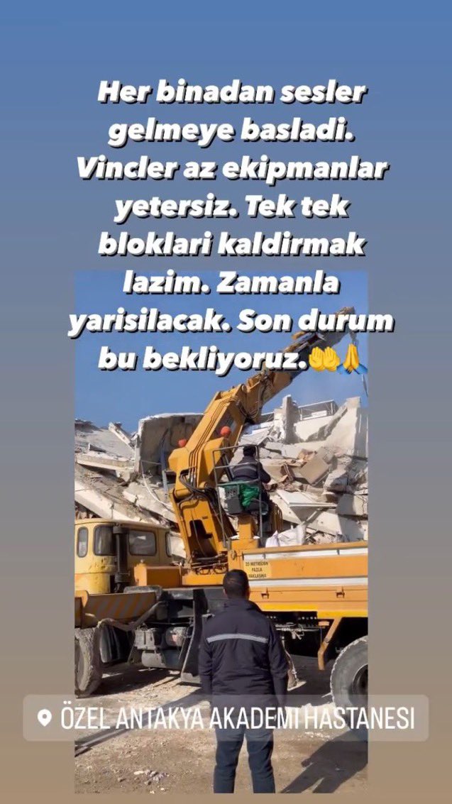 nevazaimler's tweet photo. Enkazdan ses geliyor! EKİPMAN YETERSİZLİĞİNDEN çalışmalar çok yavaş ilerliyor. Tayfun Aşkın Peker ve Gizem Karaca 56 saattir enkaz altında!!!! Geçen her saniye bizim için çok değerli ZAMANLA YARIŞIYORUZ!!

ANTAKYA/HATAY ODABASI MAHALESİ GÜLEN SOKAK AKADEMI APARTMANI https://t.co/8VUTf17NXS