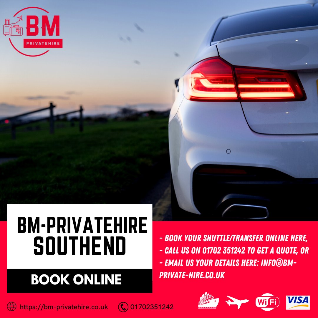 Easy online booking. Private Hire & Airport Transfers in Southend-on-Sea. Southend Private Hire Airport Transfers.

- Book your shuttle/transfer online here,
- Call us on 01702 351242 to get a quote, or
- Email us your details here: info@bm-private-hire.co.uk

#luxurytransfers