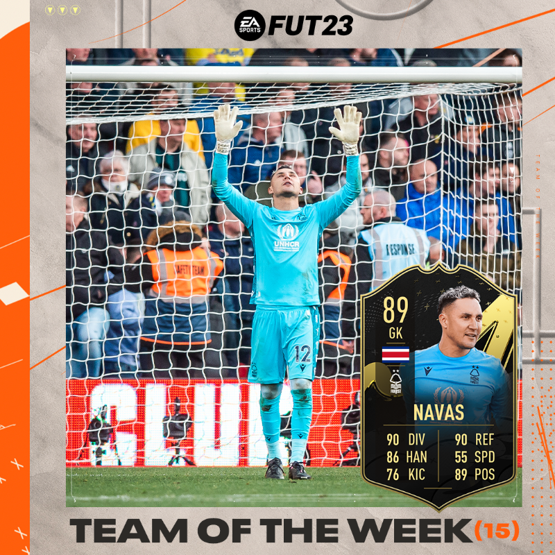 NFFC's tweet photo. Keylor Navas' debut #NFFC performance has earned him a place in the @EASPORTSFIFA Team of the Week! 🌟

Well deserved, Keylor. 🇨🇷 

#TOTW | #FUT | #FIFA23