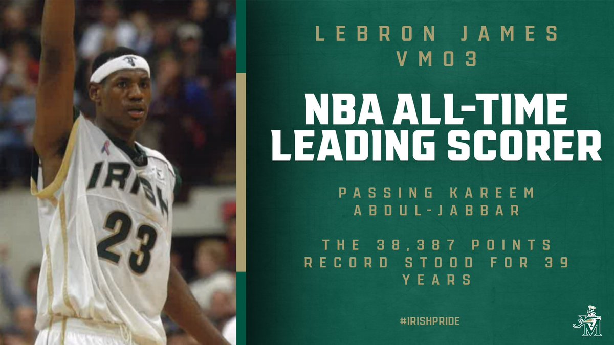 CONGRATULATIONS <a href="/KingJames/">LeBron James</a> VM03 on becoming the <a href="/NBA/">NBA</a> all-time leading scorer! James passes Kareem Abdul-Jabbar who set the record at 38,387 points in 1984, the same year LeBron was born.

#JustAKidFromAkron #IrishPride☘️🏀👑