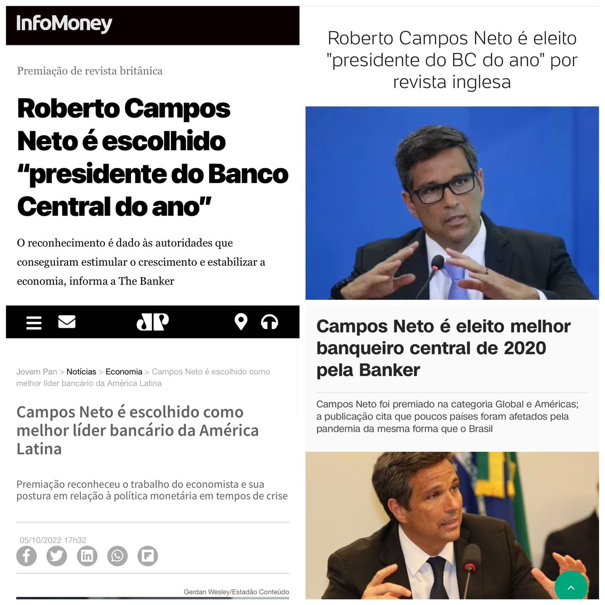 Campos Neto foi eleito o melhor Presidente de Banco Central da América Latina e do mundo!
Se os juros não caem a culpa é do boquirroto Lula e de quem acreditou que ele viria para “pacificar” o Brasil.
Se não fosse o BC, com 1 mês de desgoverno a inflação hoje já teria explodido.