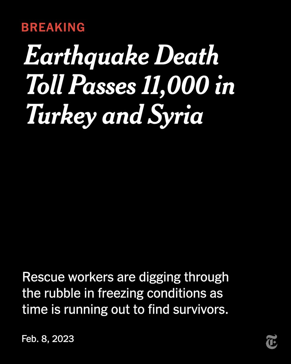 The death toll from the earthquake in Turkey and Syria passed 11,000. It is one of this century’s worst natural disasters.

Follow our updates.
nyti.ms/3JQGAuY