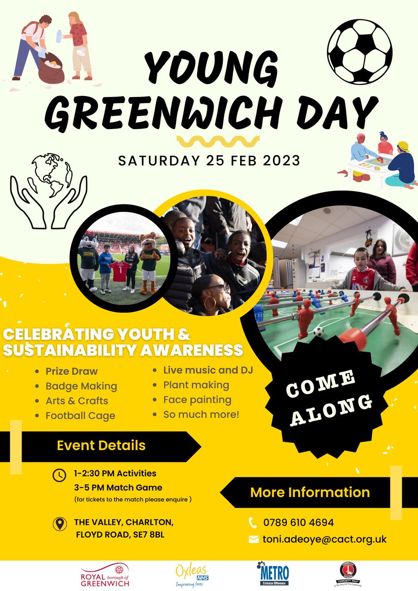 Young Greenwich Day is back this year🙌 Come along and take part in some fun activities🎊 This year we are focusing on sustainability and environmental awareness collaborating with <a href="/CAFCofficial/">Charlton Athletic FC</a> ‘Greener Game’ <a href="/CAFCTrust/">Charlton Athletic Community Trust</a>
