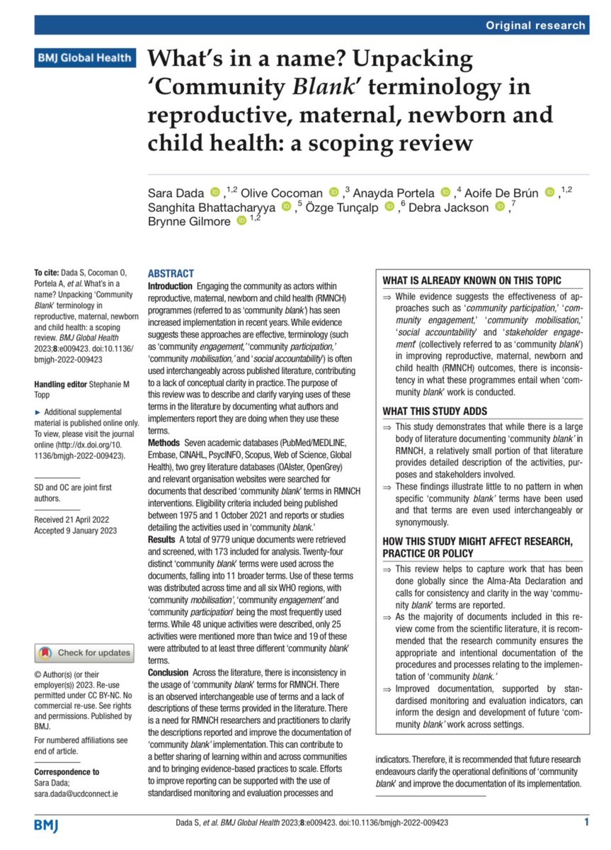 dadasara3's tweet image. 🔍 New @GlobalHealthBMJ #ScopingReview calls for consistency & clarity in how #CommunityBlank terms are operationalised and reported to inform the design of future #health programmes across settings 🌍
Read the full study here ➡️ gh.bmj.com/content/8/2/e0…