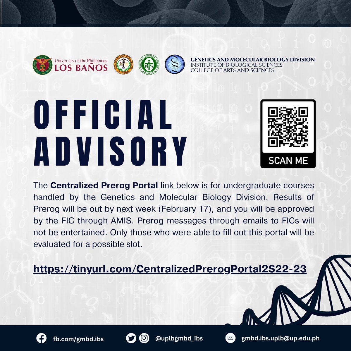 uplbgmbd_ibs's tweet photo. 𝗚uiding 𝗠entees through 𝗕ulletins and 𝗗eclarations

GMBD Undergraduate Courses Central Prerog Portal

This Centralized Prerog Portal is for undergraduate courses handled by the Genetics and Molecular Biology Division. 

[1/3] https://t.co/H9jcRKMyro