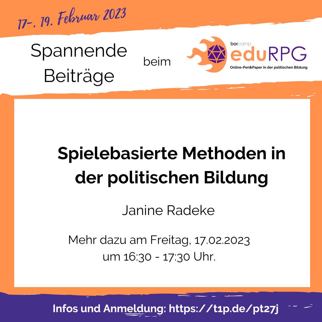 Spiele und politische Bildung, wie paßt das zusammen? In unserer ersten  #edurpg #Barcamp Session gibt uns Janine Radeke <a href="/BildenSinn/">SinnBilden</a>  einen Impulsvortrag zum Thema Spielebasierte Methoden in der #politischeBildung.
#twlz  #pnpde #pnp #games #polbil #pädagogik
