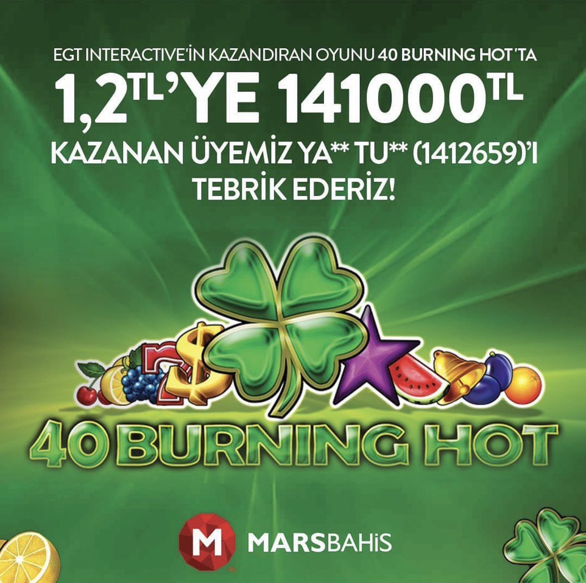 GirisMarsbahisz's tweet photo. EGT SAĞLAYICISINDA 1.2 TL’YE 141.000 TL KAZANÇ SAĞLAYAN ÜYEMİZİ TEBRİK EDERİZ ! 

EGT SAĞLAYICISI OYUNLARI MARSBAHİS’TE! 

Marsbahis Güncel Giriş Adresi Profilde 

40 Burning Hot Marsbahis’te ! https://t.co/0yJgsbqJ8n
