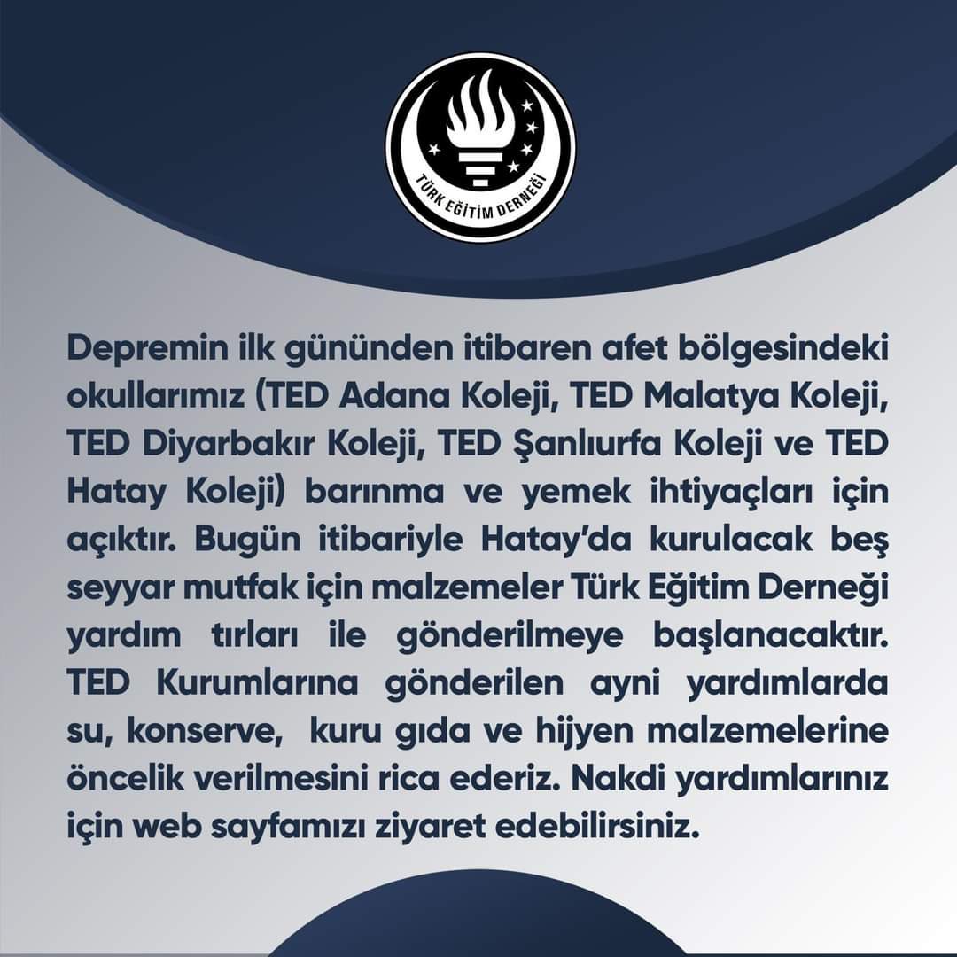 Hatay’da 5 tane seyyar mutfak kurulacak. Yardımlarınız için TED kurumlarına ulaşabilirsiniz #deprem