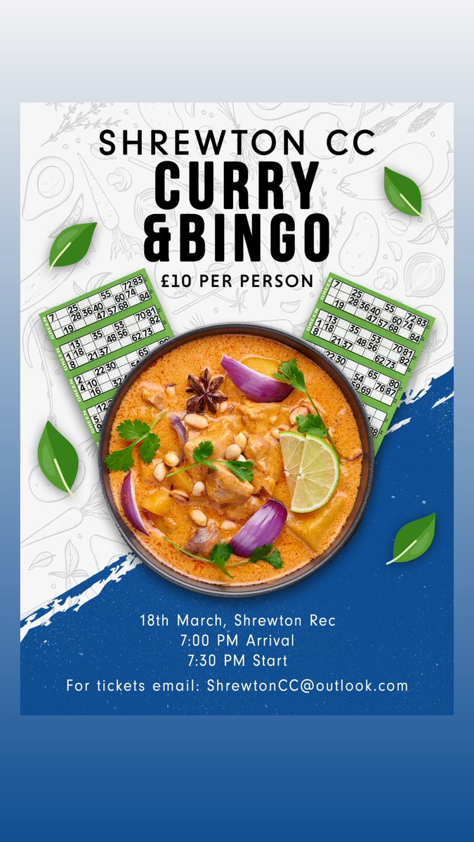ShrewtonCC's tweet photo. Shrewton CC Curry and Bingo Night, Saturday 18th March down at The Rec 7pm for a 7.30pm start. £10pp which includes your curry and bingo book, bar will be open! Cash prizes to be won 💷. Come down and support the club. https://t.co/C1F7Ylt0fU