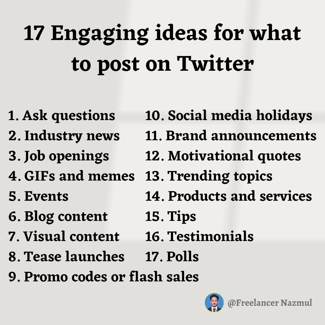17 Engaging ideas for what to post on Twitter
#TheBadBatch #JJK213 #KingJames #Turkiye #Samsung #marketingtips #Valentine #ValentinesDay #SOTU #VoteForShivThakare #BabyDogeArmy #Roseday #Rose