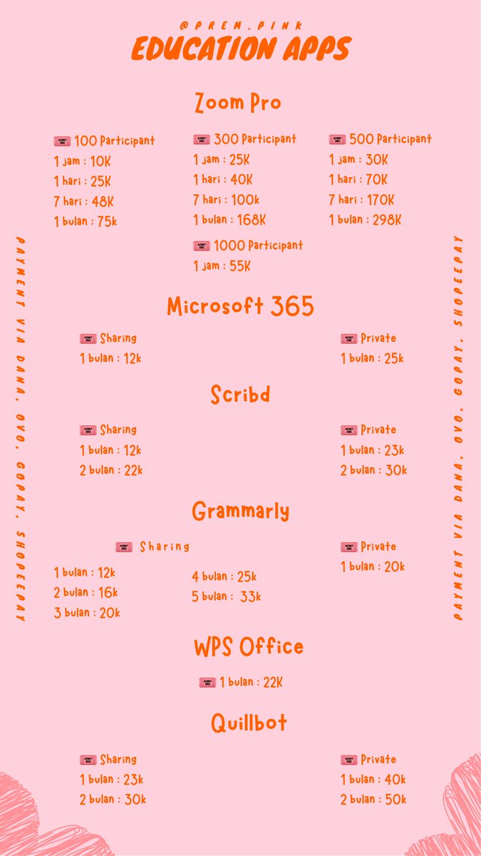 PremPink's tweet photo. Education Apps Premium 💗
Worth to buy 😇

#aplikasipremium #aplikasipremiummurah #aplikasipremiumlegal #ZoomPro #Microsoft365 #Scribd #Grammarly #WPSOffice #Quillbot https://t.co/HZMnPFNAnq