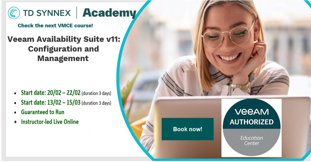 #Veeam Availability Suite v11: Configuration and Management training guaranteed to run in February - 30% Discount.  Register at academy.tdsynnex.com/uk/training/co…

#learntosucceed
<a href="/Veeam_UKI/">Veeam UK</a>
<a href="/VeeamUGUK/">VeeamUG.UK</a>