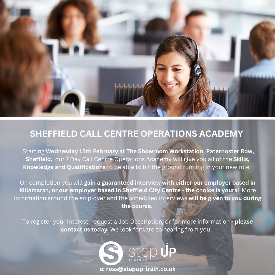 stepuptrain's tweet photo. 🚨🚨 Our Sheffield Call Centre Operations Academy has just got that little bit more exciting! 🚨🚨

Through growing relationships, we’ve now got a choice of TWO employers for guaranteed interviews upon completion. 

For more information, please contact us today! https://t.co/3CWwtCpb1R