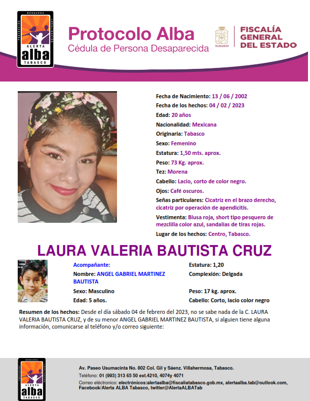 BDPersonasTAB's tweet photo. Alerta Alba Tabasco, solicita su amable colaboración para difusión de cédula emitida a favor de la C. LAURA VALERIA BAUTISTA CRUZ, del menor ANGEL GABRIEL MARTINEZ BAUTISTA, quienes desaparecieron en el Municipio de Centro, Tabasco. #Comparte https://t.co/jszmBjepKG