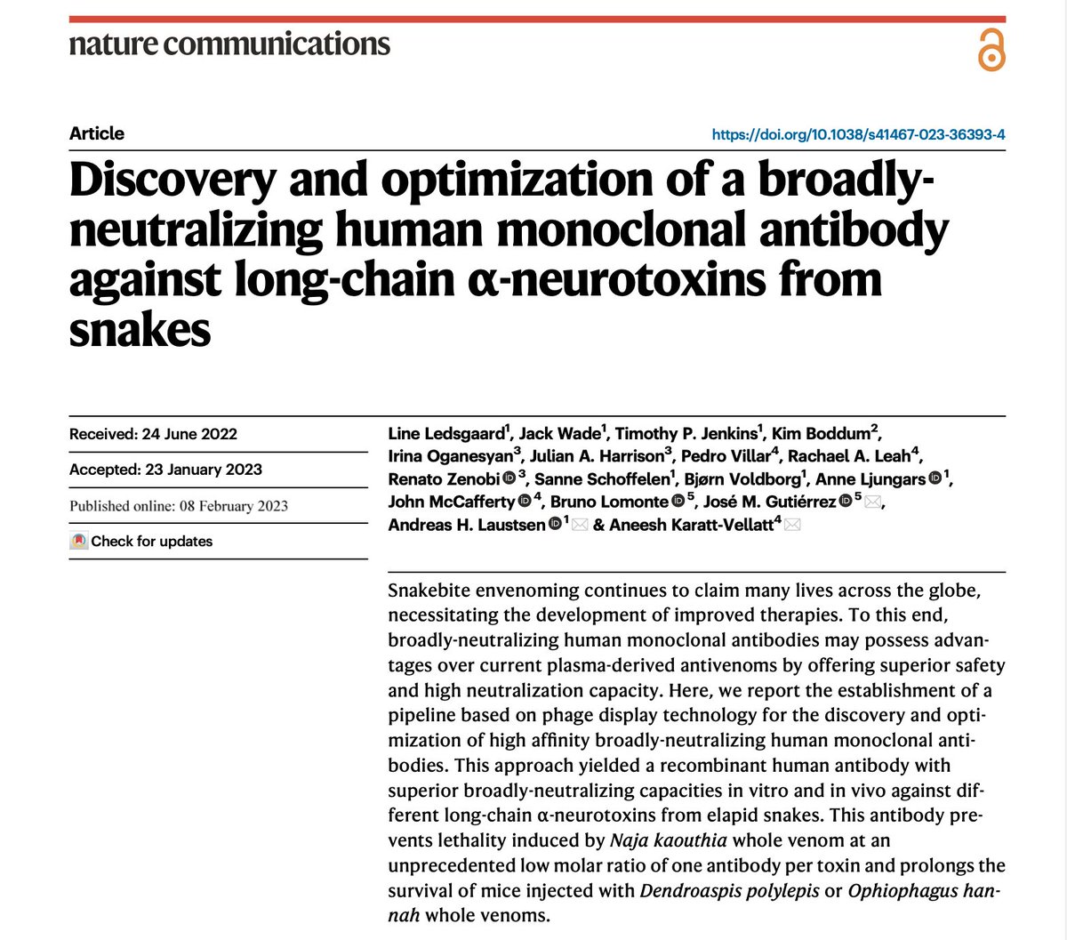 Pleased to announce this article in @NatureComms on the #Discovery of a human #antibody that broadly neutralises #neurotoxins from #snakes: nature.com/articles/s4146… Collaboration between @TropicalPharLab , @IontasLtd, @Ciencia_UCR, @sophionbio & @ETH_en.