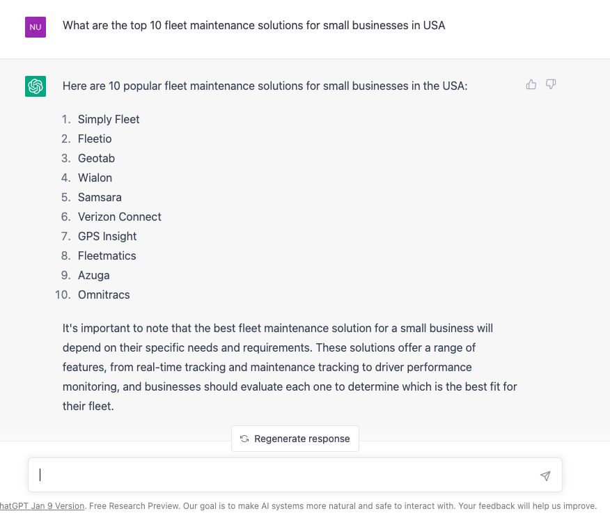 Excited to announce that Simply Fleet has just been ranked the top fleet management company for small businesses in the USA by ChatGPT. Thank you to our clients and supporters for your continued trust in us.
#chatgpt #smallbusiness #fleetvehicle