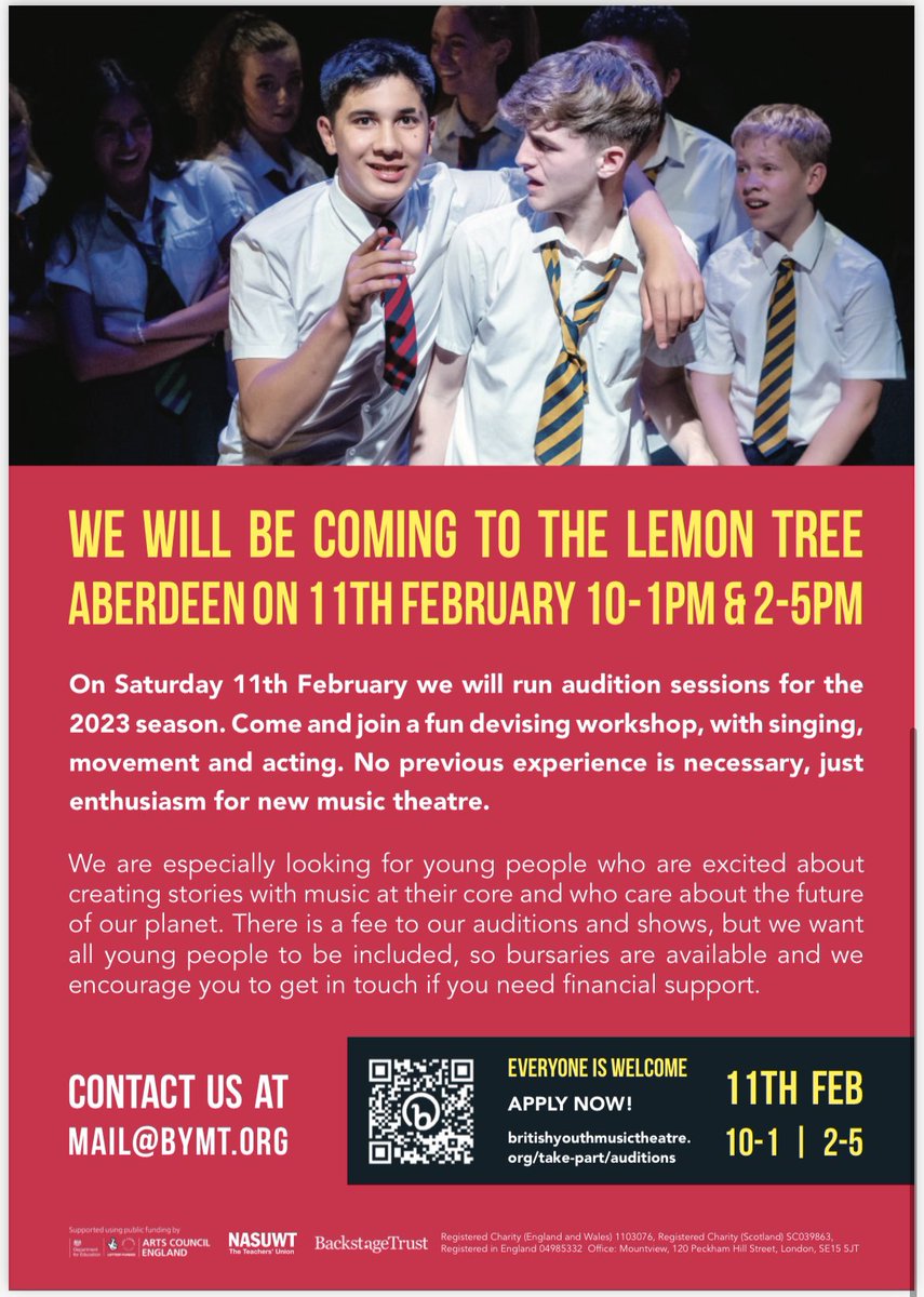 GlenifferMusic's tweet photo. Calling all musical theatre performers! 🎭 The British Youth Music Theatre are holding workshops and auditions this weekend in Aberdeen and Edinburgh. See the flyers below for info! @GlenifferHigh https://t.co/XYdzswTgev