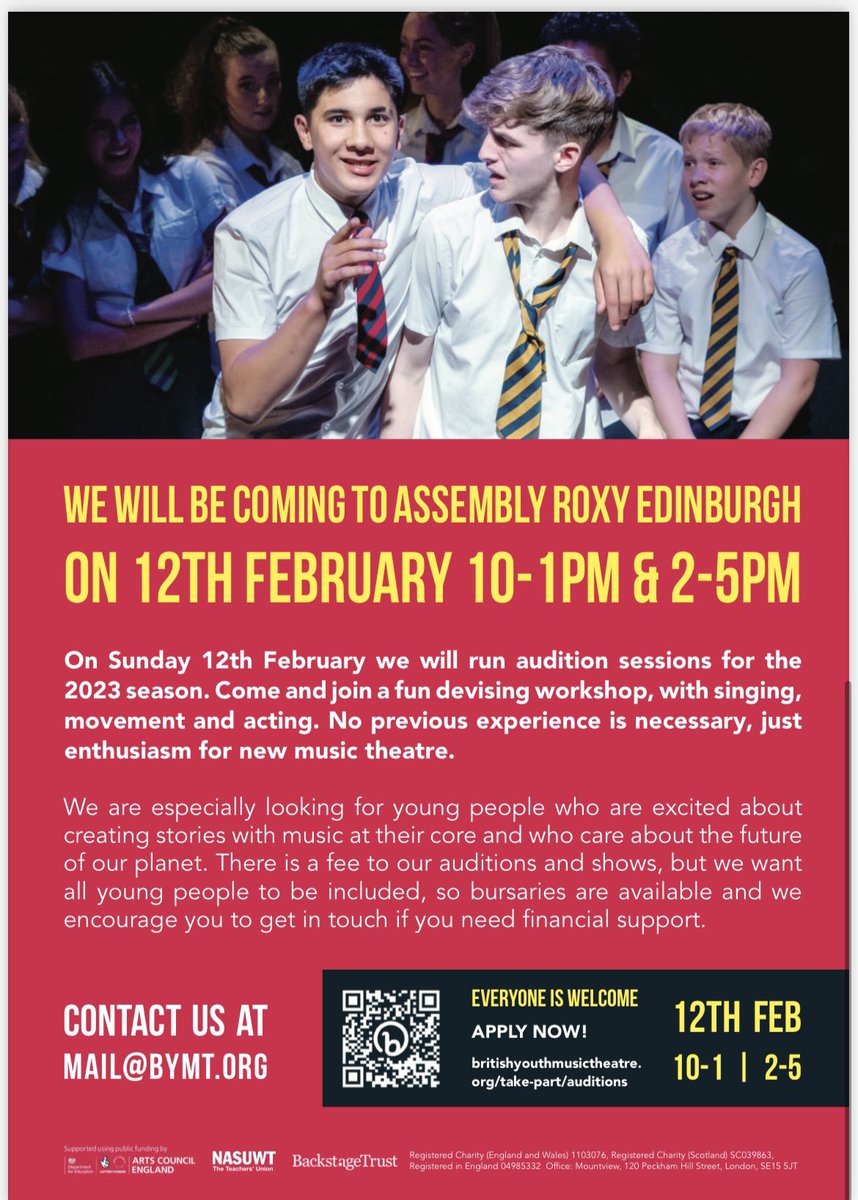 GlenifferMusic's tweet photo. Calling all musical theatre performers! 🎭 The British Youth Music Theatre are holding workshops and auditions this weekend in Aberdeen and Edinburgh. See the flyers below for info! @GlenifferHigh https://t.co/XYdzswTgev
