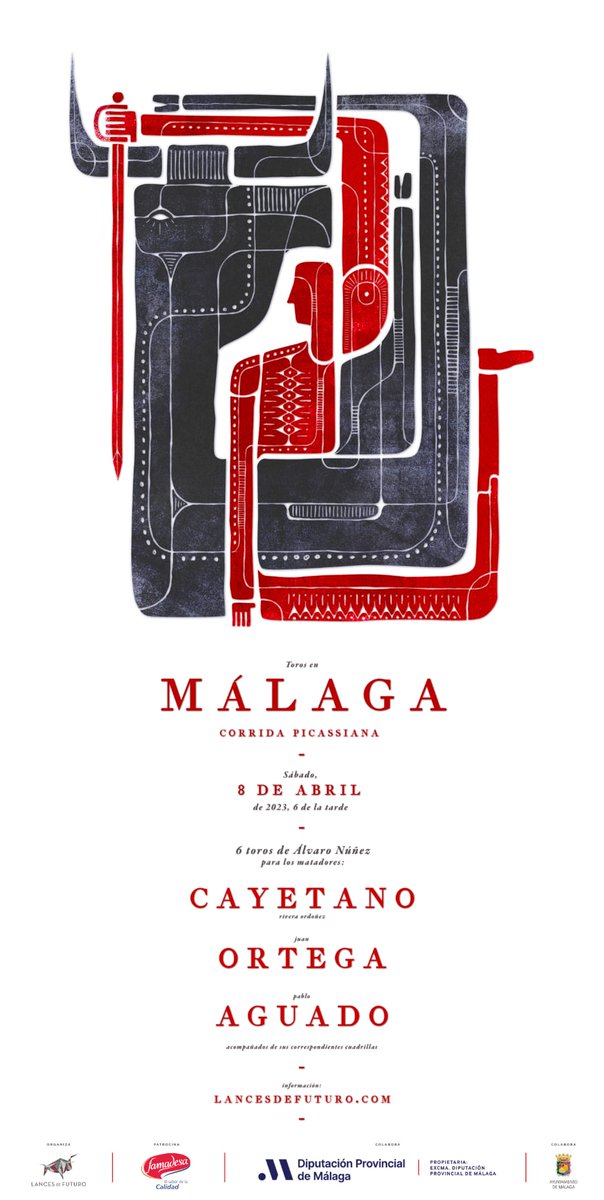 🔴Málaga🔴
Cartel de la corrida de toros picassiana para el sábado 8 de abril, que se conmemora el 50 aniversario de la muerte de Picasso, diseñado por Javier Díaz Garrido.
<a href="/Cayetano_Rivera/">Cayetano</a> <a href="/juanortegapr/">Juan Ortega</a>  <a href="/Pablo_Aguado/">Pablo Aguado</a> y toros de <a href="/alvaronunezcuv/">Alvaro Núñez del Cuvillo</a> 

#toros #50aniversarioPicasso