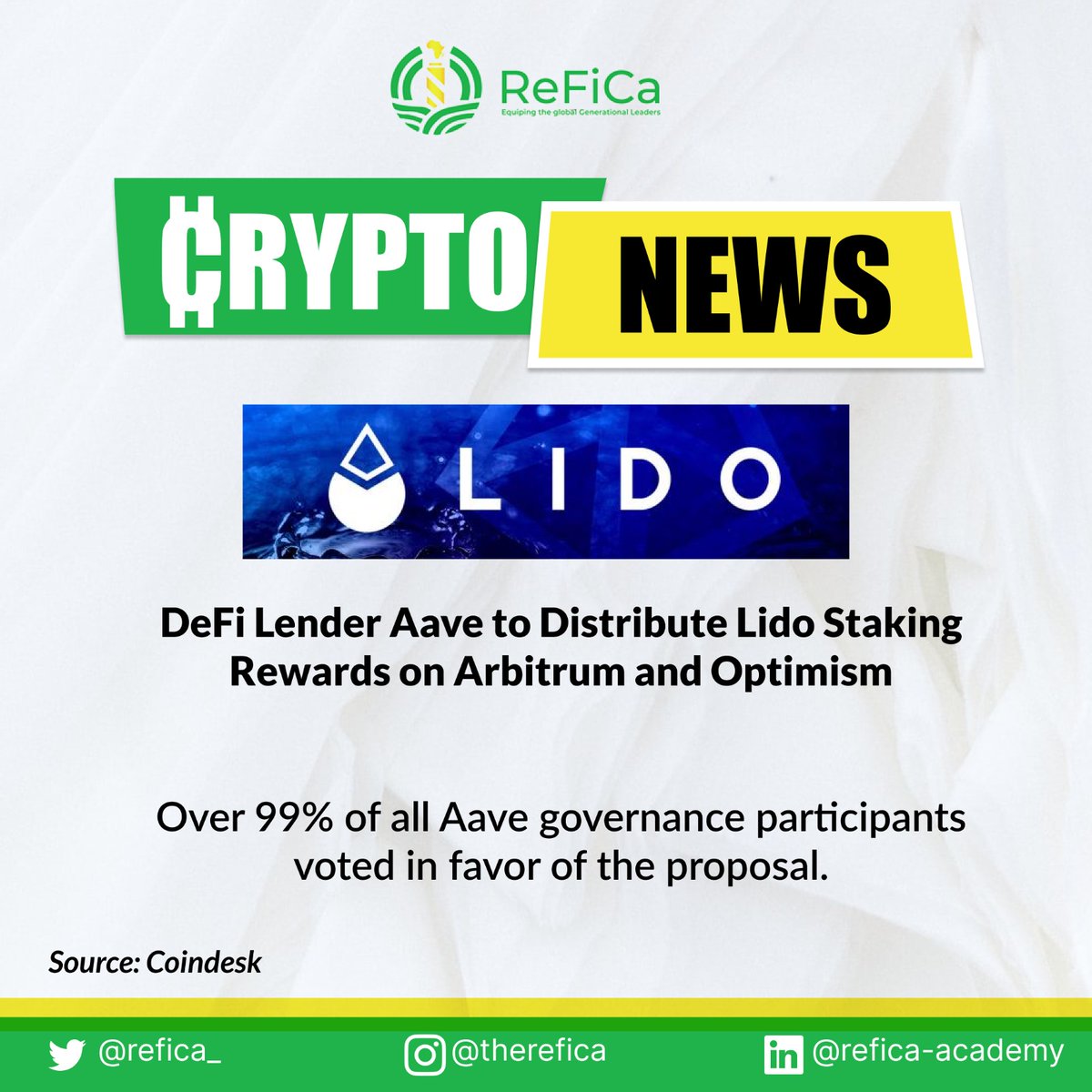 refica_'s tweet photo. 🖇️Refica's daily update 📌

 Rewards from staking ether on Lido will now be distributed by Aave on Ethereum, Arbitrum, and Optimism following a recently concluded community vote.

Source: Coindesk
#refica #lido #Aave #Defi #news #Ethereum https://t.co/kDbeGpLWaM