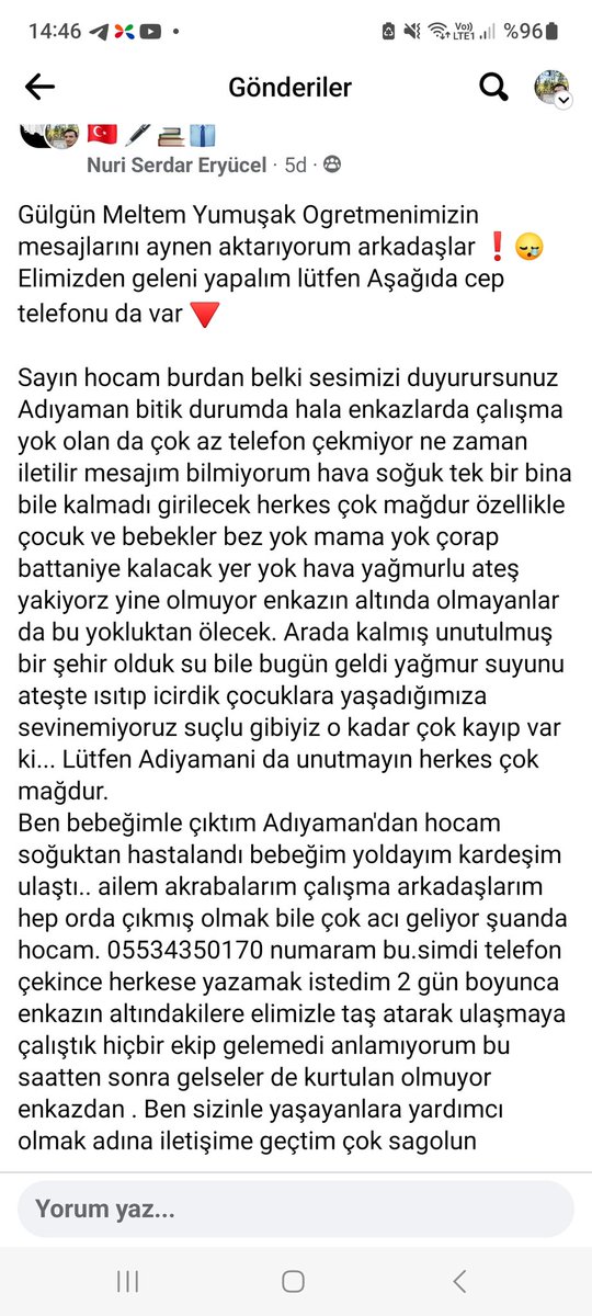 nserdare067450's tweet image. Öğretmen arkadaşlar ❗️❗️ 
lütfen elimizden geleni yapalım. Meslektaşımızın ismi 
Gülgün Meltem Yumuşak, 
cep telefonu 05534350170 #AdiyamanYardimBekliyor #adiyamandeprem @AdiyamanBelTR @adiyamanmem @adiyamanashm @adiyamangovtr