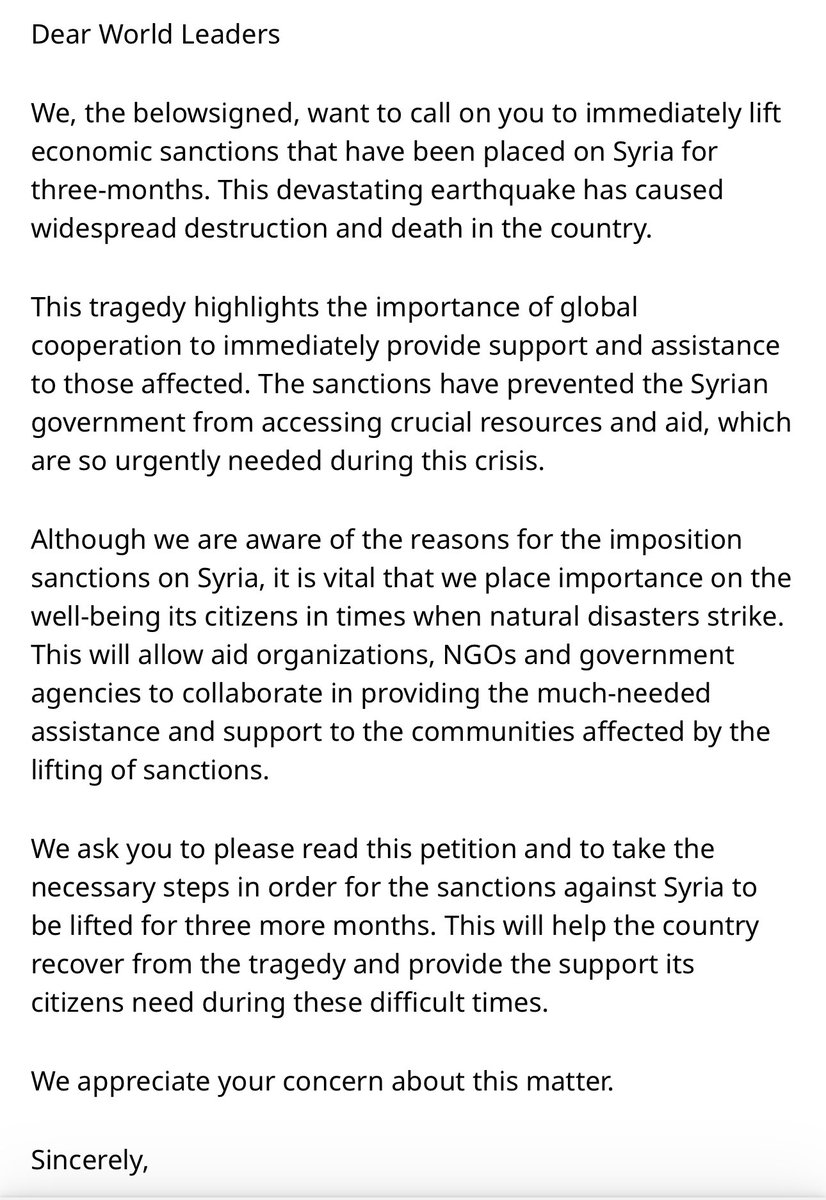 Raed201316's tweet image. Help bring relief to Syria! Join the call to end sanctions for 3 months. Sign the petition now to show your support � chng.it/pFHRXXqwrY          #FreeSyria #EndSanctions