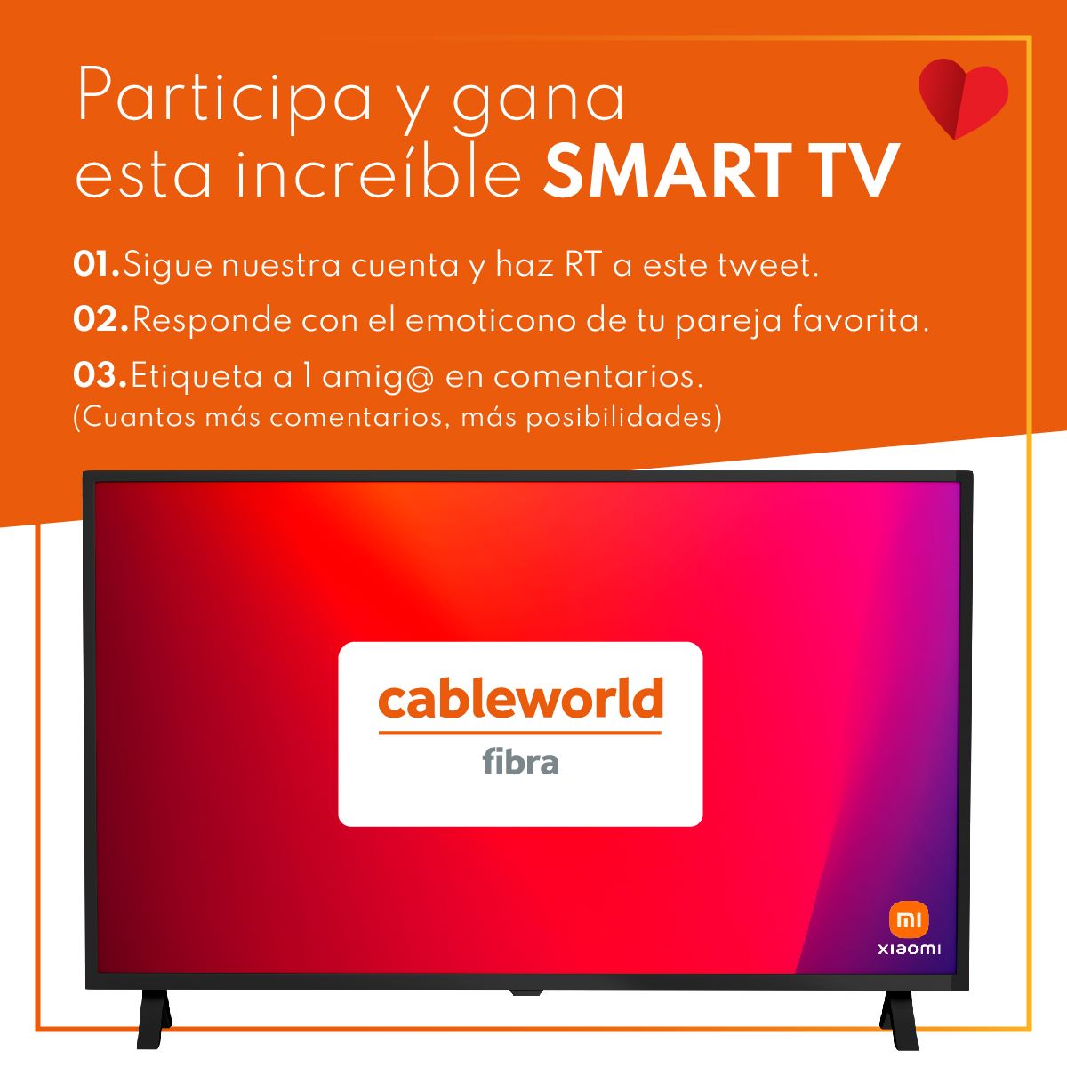 cableworld's tweet photo. 🧡💘¡𝗦𝗢𝗥𝗧𝗘𝗔𝗭𝗢 𝗦𝗔𝗡 𝗩𝗔𝗟𝗘𝗡𝗧𝗜́𝗡!🧡💖
GANA una 🎁📺𝑻𝑽 𝑿𝑰𝑨𝑶𝑴𝑰.

🧡Sigue a @cableworld y haz RT
🧡Responde con el emoji de tu pareja favorita.
🧡Menciona a 1 amigo/a (cuantos más tweets más posibilidades.)

15/02  ganador.

✒️BBLL: https://t.co/0o7ol38ybL https://t.co/YXk258IYaw