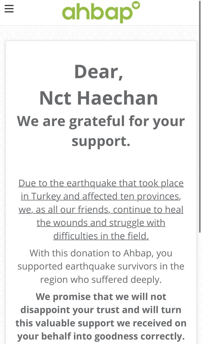 튀르키예 국민들의 일상이 회복되고 평화가 찾아오기를 바라는 마음으로 작게나마 NCT 해찬의 이름으로 기부했습니다.
튀르키예의 안녕을 기원합니다🙏

#PrayForTurkeyAndSyria