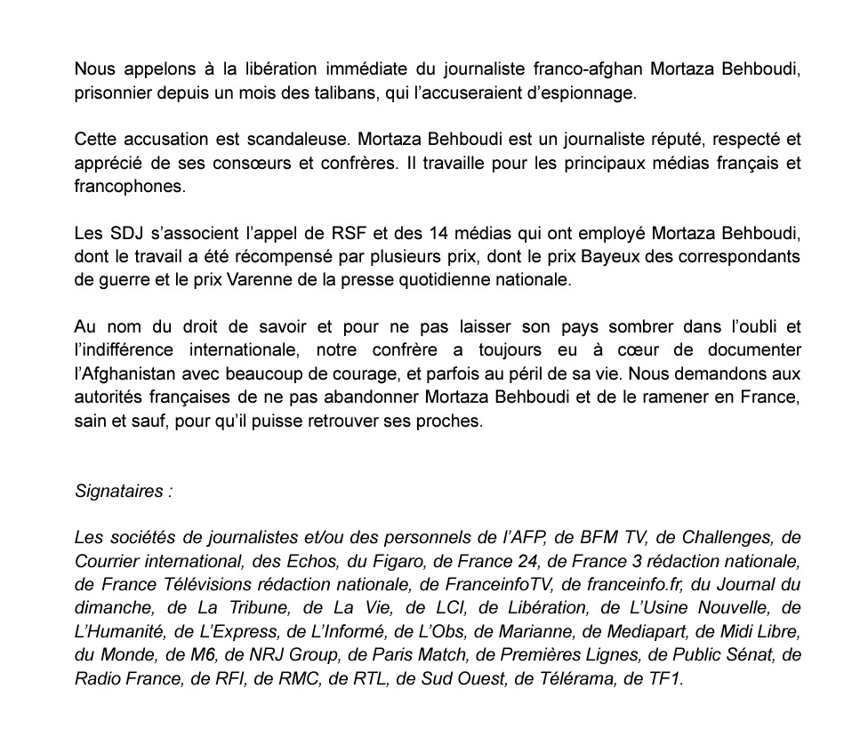 Le journaliste franco-afghan Mortaza Behboudi est prisonnier depuis un mois des talibans ! 

37 sociétés de journalistes, dont celle de <a href="/lci/">LCI</a>, s'associent à l'appel de RSF pour demander aux autorités françaises de ne pas l'abandonner.

⬇️⬇️
