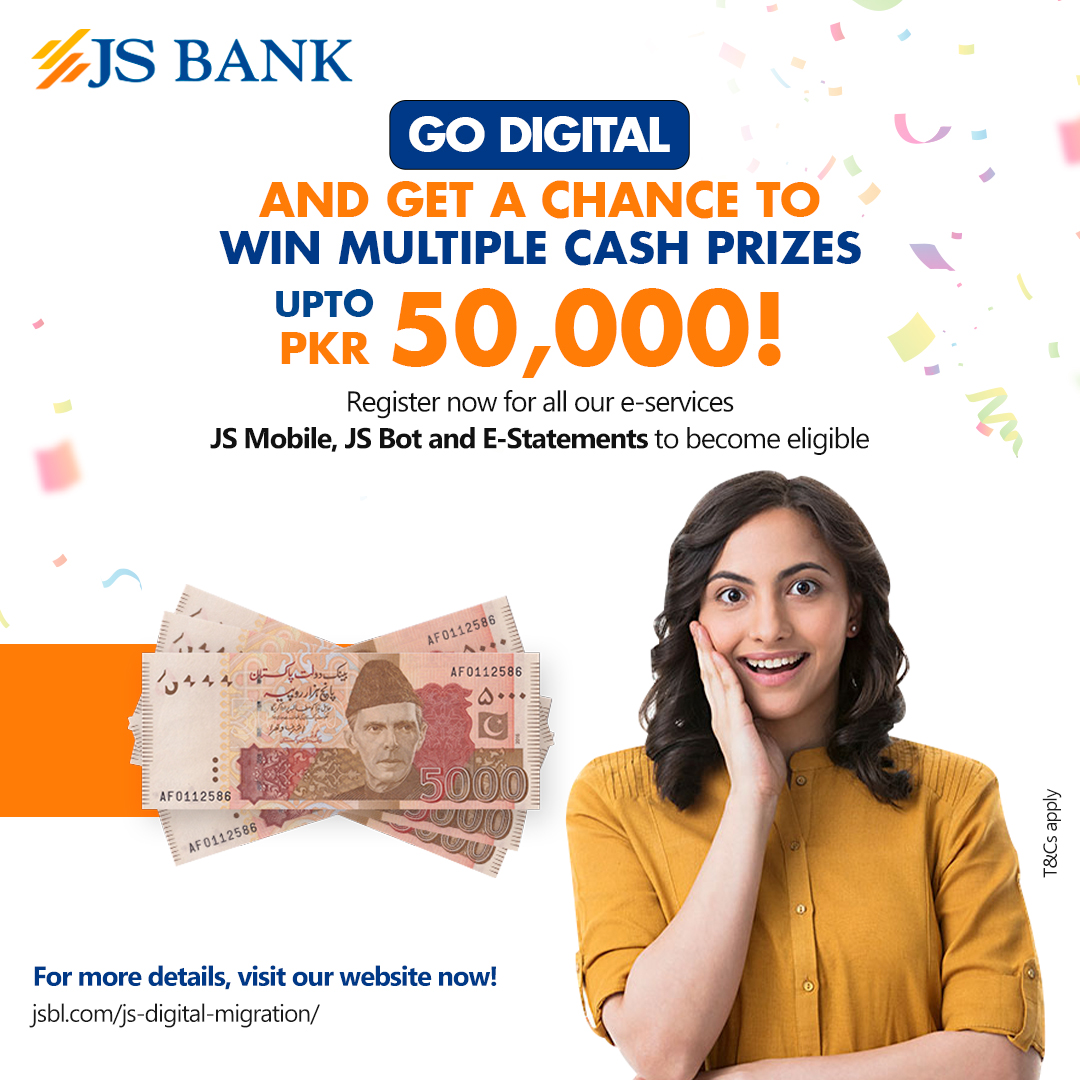 JSBLPak's tweet photo. Go digital and get a chance to win exciting cash prizes up to PKR 50,000!
Simply follow the steps mentioned in the link below to become eligible: https://t.co/MXWt0bhLe3
*This offer is for JS Bank customer only
*T&Cs apply
#JSBank #BarhnaHaiAagey #JSMobile #JSBot #EStatements https://t.co/zzlxYYb6Qx