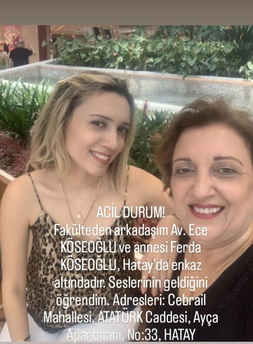 burcugencgl's tweet photo. Ses Geldiği söyleniyor !
Arkadaşımız Av.Ece Köseoğlu ailesi ile maalesef göçük altındaymış.Cebrail mahallesi.Atatürk caddesi.Ayça apartmanı. No:33 Hatay 
@haluklevent @ahbap @AFADBaskanlik @BabalaTv https://t.co/afop0pLimE
