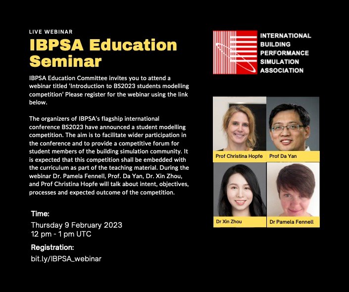 Join <a href="/CHopfe/">Christina Hopfe 🇺🇦</a> Prof Da Yan Dr Xin Zhou and myself  tomorrow to learn more about the BS2023 student modelling competition! register - bit.ly/IBPSA_webinar <a href="/IBPSA/">IBPSA World</a> <a href="/rajanrawal/">Rajan Rawal</a> <a href="/Z0ltanNagy/">Zoltan Nagy 🇱🇺🇭🇺🇨🇭🇧🇬🇺🇸</a> <a href="/kksharma3951/">Kartikay</a> <a href="/UCL_Energy/">UCL Energy Institute</a> <a href="/UCL_EDE/">UCL MSc EDE</a>