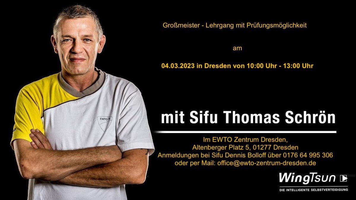 Am 04.03.2022 findet bei uns in Dresden ein Großmeister Lehrgang inkl. Prüfungsmöglichkeit mit GM Thomas Schrön statt.
Wir freuen uns auf Euch 🙂 <a href="/EWTO_official/">EWTO European WingTsun Organisation</a> <a href="/GM_Schroen/">Thomas Schrön</a>