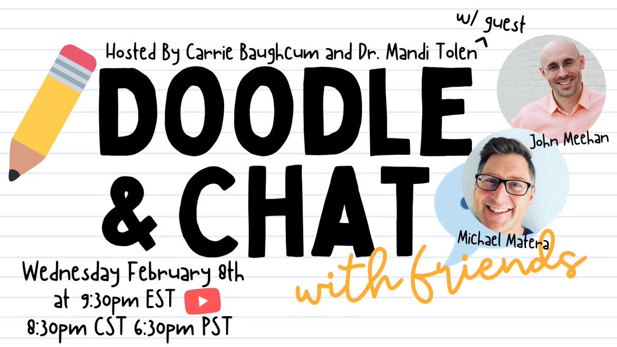 Set all your reminders⏰ Tonight Mandi and Carrie are doodling✏️ and chatting💬 with @mrmatera and @MeehanEDU!!!

Come be a part of all the fun🎉 youtube.com/live/x2gD4UZDw…

#DoodleAndChat #EMC2Learning #XLAP #EDrenaline