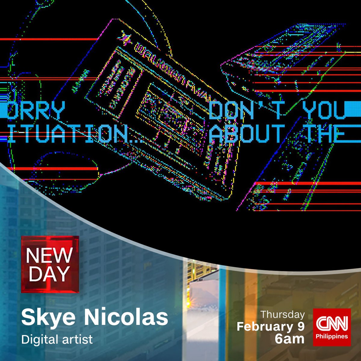 newswatchplusph's tweet photo. New York-based digital artist @skyenicolas is among the exhibitors in next week's Art Fair Philippines, which will feature works of parallelism in emerging realities.

He joins us tomorrow at 6am on #NewDay. https://t.co/pkdGiOHVKA