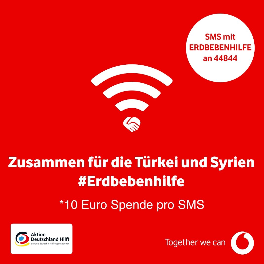 Das #Erdbeben in der Türkei &amp; Syrien macht uns tief betroffen. Wir wollen helfen: Mit kostenlosen Telefonaten &amp; SMS ins Krisengebiet, Notfall-Netzen und Technikexperten vor Ort &amp; einer Spende der globalen Vodafone Familie von > 1,2 Mio €. Zudem starten wir eine Spendenaktion.👇