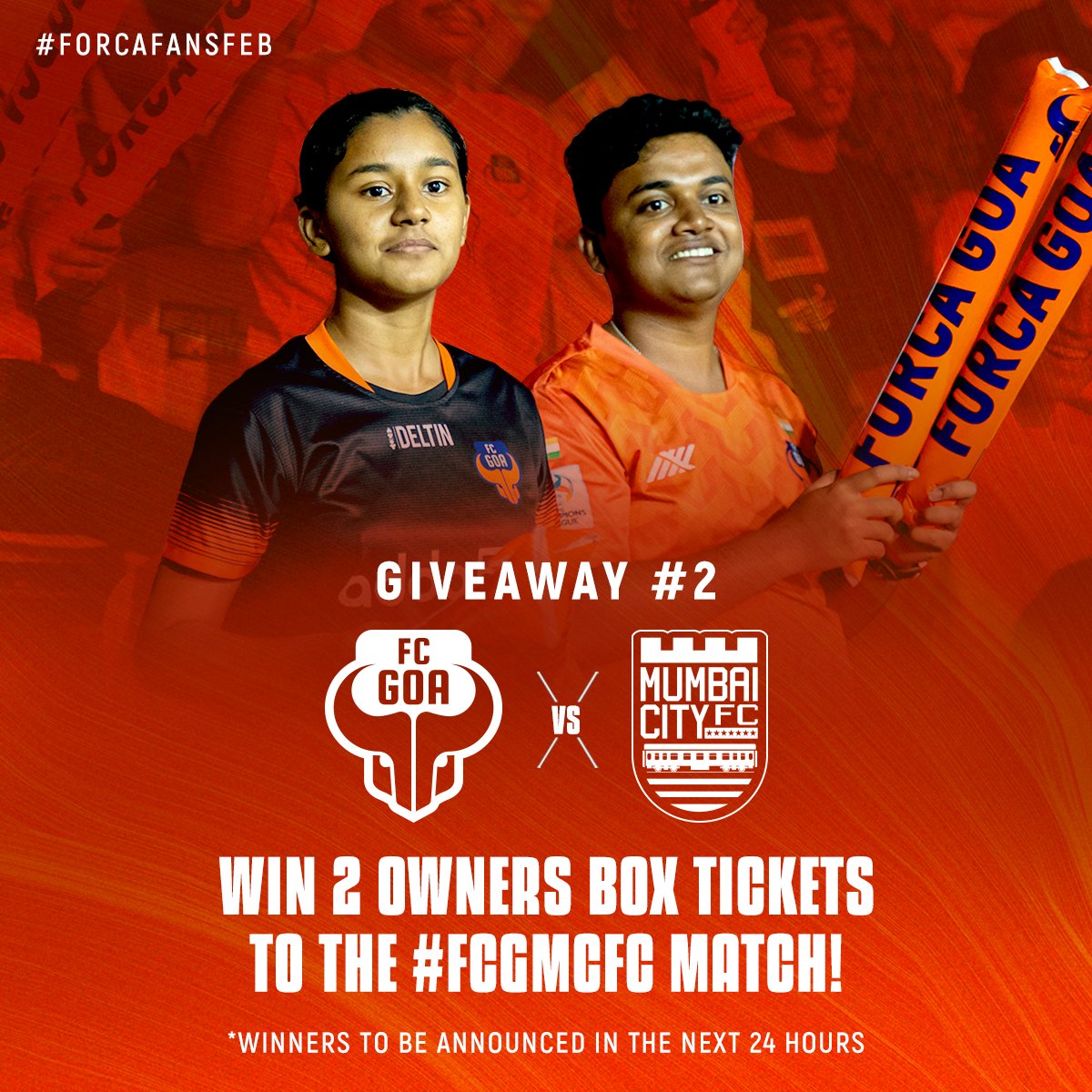 FCGoaOfficial's tweet photo. 𝗚𝗶𝘃𝗲𝗮𝘄𝗮𝘆 #𝟮

As we continue to celebrate #ForcaFansFeb, tag a friend below who you would like to watch our game against Mumbai City FC straight from the owner's box, this Saturday 😍

P.S You have limited time 😉

#ForcaGoa #UzzoOnceAgain #FCGMCFC https://t.co/hrFPuOAjeh