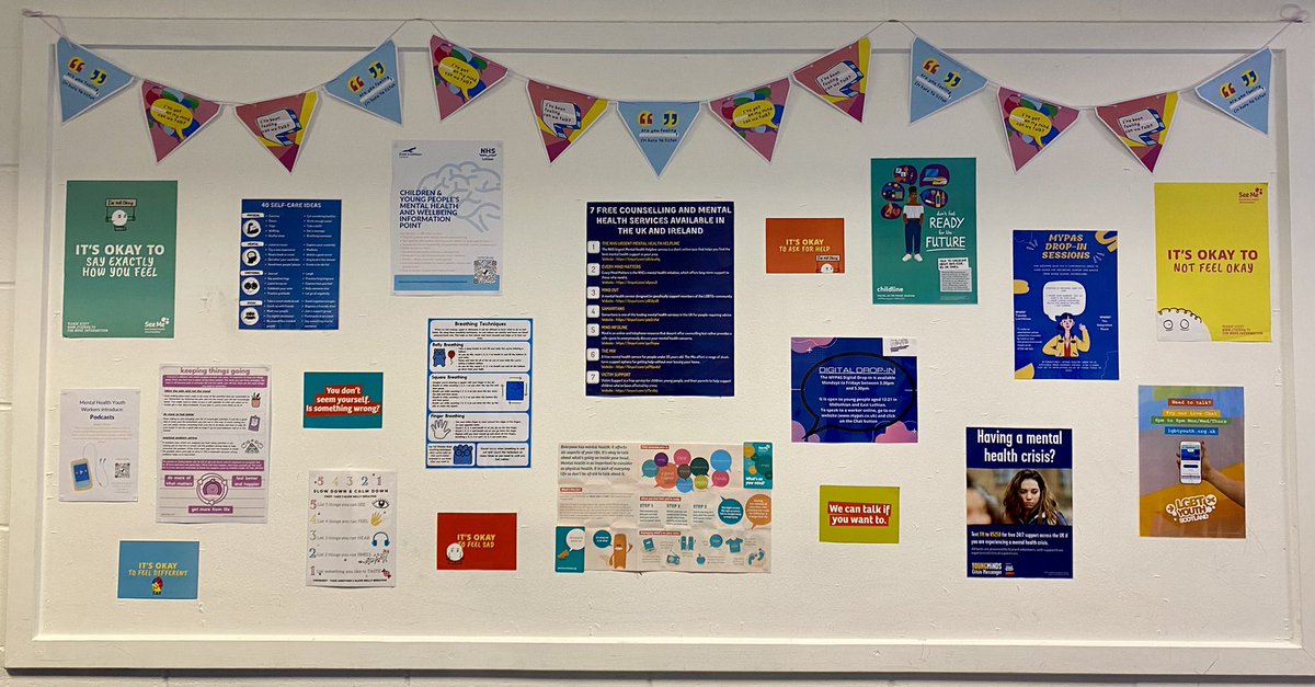 PrestonLodgeHS's tweet photo. Check out our #ChildrensMentalHealthWeek display wall in Maths. There are lots of helpful contacts and advice on how to manage stress, how to practice self care and who to turn to if you need help. @_MYPAS @LGBTYS @_dannis_ https://t.co/sUDRadgePU