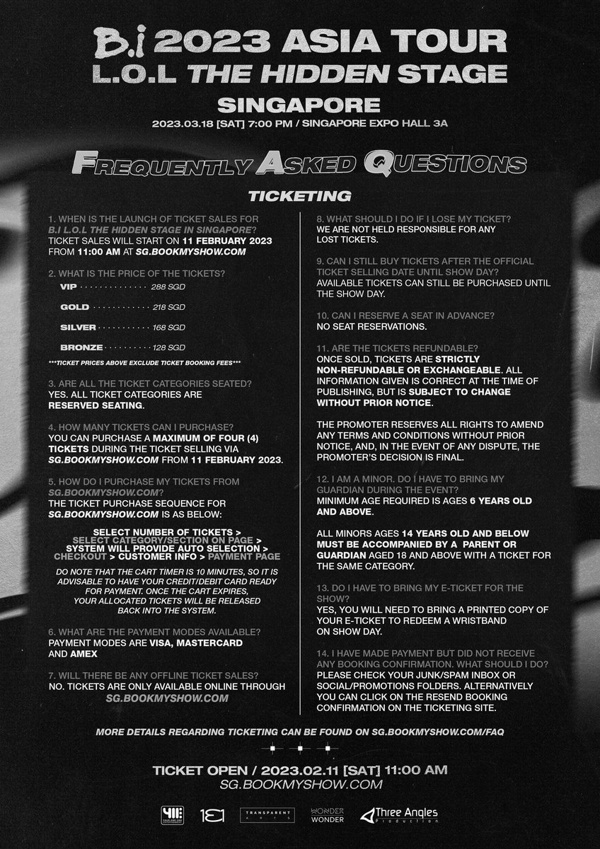 Threeanglespro's tweet photo. SG IDs! Are guys excited for the official ticket launch for B.I 2023 ASIA TOUR [L.O.L THE HIDDEN STAGE] in Singapore?🔥

Check out  the FAQs so you won't miss out any guidelines &amp; instructions!

Tickets will be available from 11 Feb 2023, 11AM at https://t.co/9mVmjhsupX https://t.co/Nmz4O7cGLx