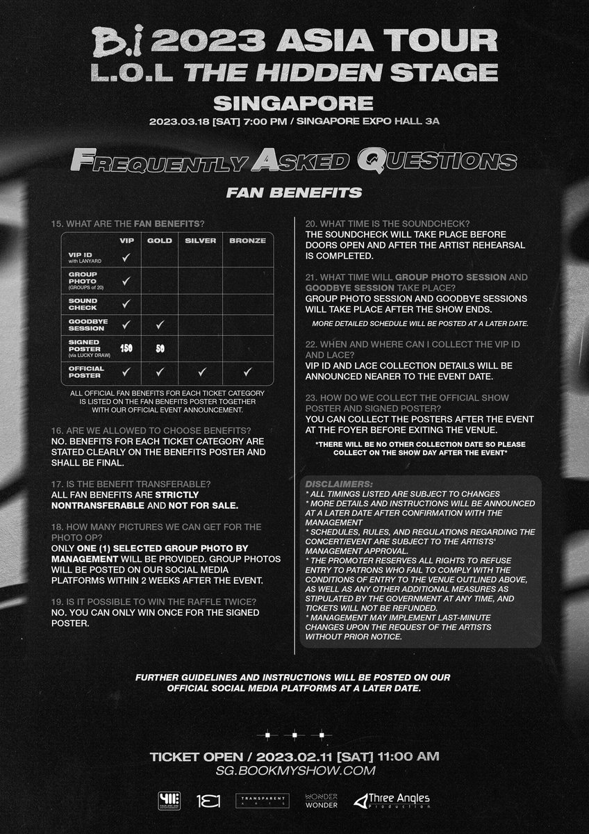 Threeanglespro's tweet photo. SG IDs! Are guys excited for the official ticket launch for B.I 2023 ASIA TOUR [L.O.L THE HIDDEN STAGE] in Singapore?🔥

Check out  the FAQs so you won't miss out any guidelines &amp; instructions!

Tickets will be available from 11 Feb 2023, 11AM at https://t.co/9mVmjhsupX https://t.co/Nmz4O7cGLx